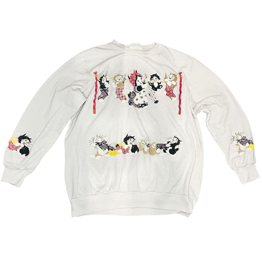 Vintage 80s Cats Kittens Sweatshirt Pullover Womens Medium Cottagecore Retro
